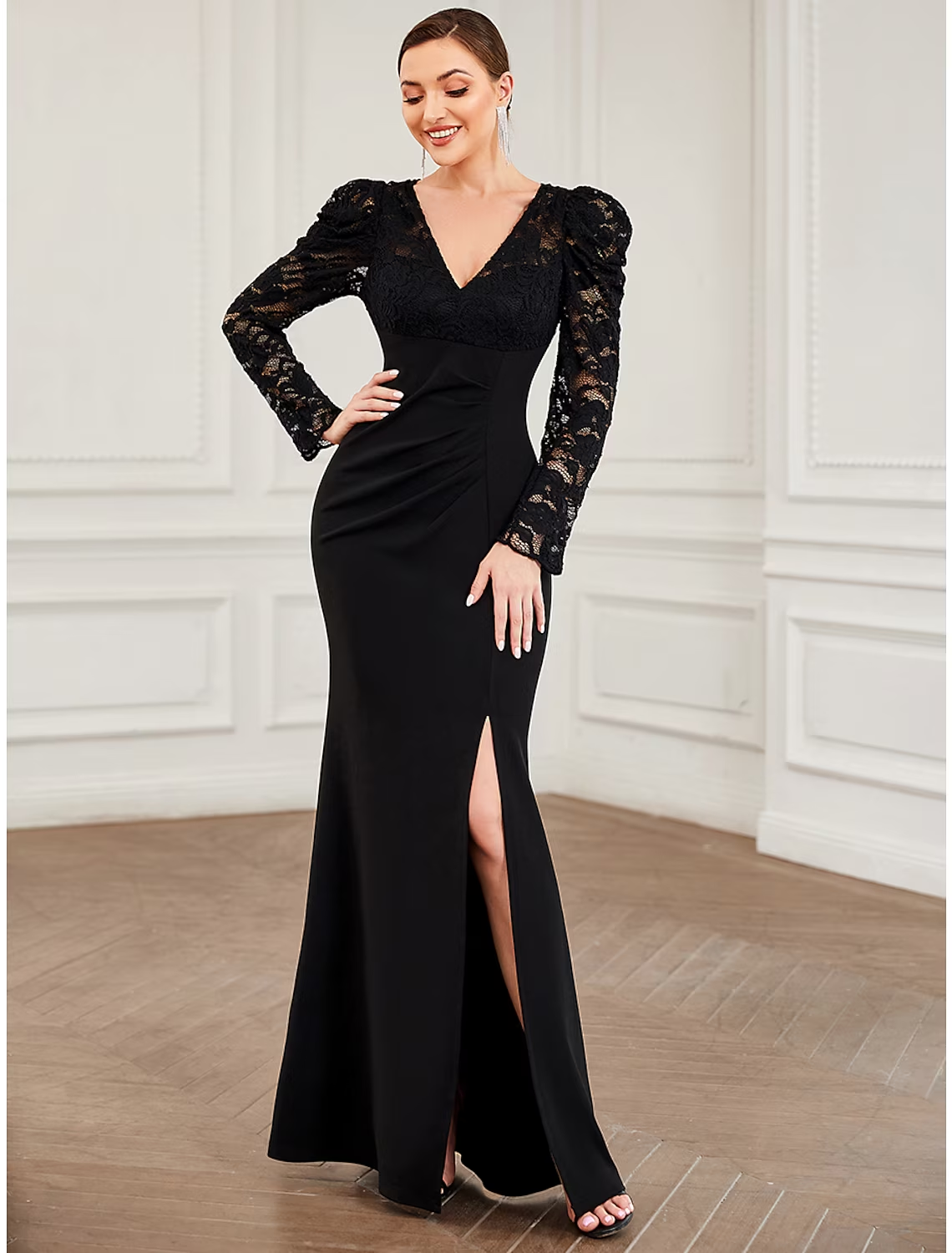 A-Linien-Abendkleid, Vintage-Kleid, formell, bodenlang, langärmlig, V-Ausschnitt, Spitze mit reiner Farbe